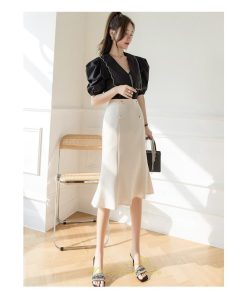 スカート | フリルひざ丈 膝丈 おしゃれ かわいい レディース ボトムス きれい ハイウエスト Aライン 上品 エレガント OL 通勤 レトロ デート オフィス