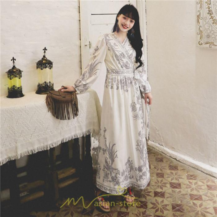 マキシ | マキシワンピース ロングワンピース レディース 夏 秋 長袖 紺 ゆったり Aライン 花柄プリント きれいめ リゾート 大人 20代 母 40代 同窓会 二次会 ママ 30代