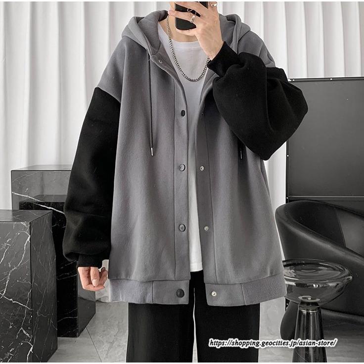 パーカー ジャケット コート | パーカー メンズ カーディガン 長袖 アウター トップス ジャケット 羽織り ボタン ドッキング ポケット フード付き パーカ ボリューム袖 ゆったり 秋物 秋冬