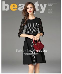 レースワンピース | 7分袖 ひざ丈ワンピ フレアワンピース レディース 大きいサイズ 膝丈ワンピース レース 二次会 通勤 水玉 切り替え パーティー