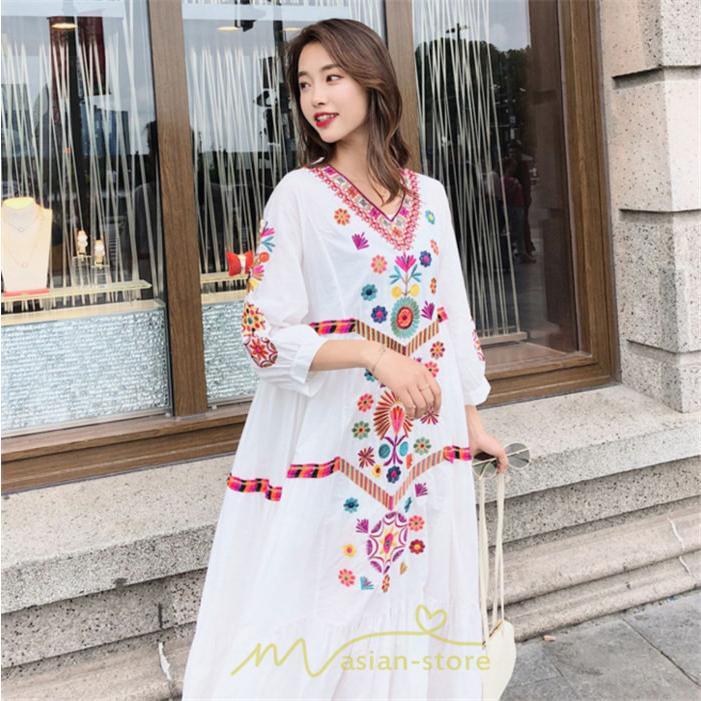 マキシ | ワンピ ワンピース ロング丈 七分袖 レディース 大人 おしゃれ きれいめ お出かけ 大人可愛い 白 青 赤 春夏秋 旅行 20代30代40代 民族風 オレンジ 海