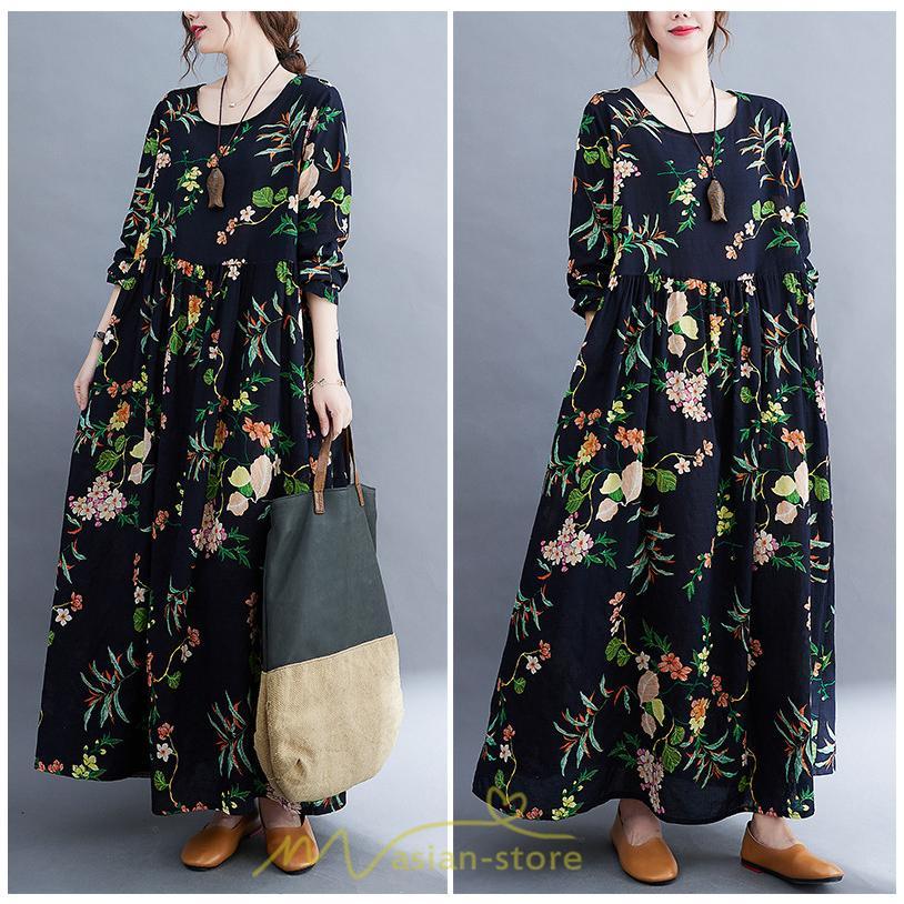 マキシ | 長袖ワンピース 秋物 レディース ロングワンピース 花柄 夏 30代40代 大人 秋ワンピース 新作 ワンピース Aラインワンピ ゆったり 旅行 広い裾 可愛い 揺れる