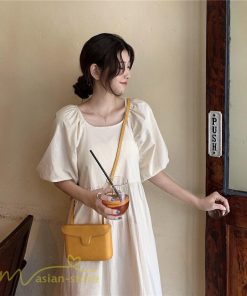マキシ | ワンピース パフスリーブ 半袖 スクエアネック ゆったり 体型カバー ゆるワンピース フリーサイズ かわいい 無地 シンプル おしゃれ お出かけ レトロ 夏物 上品