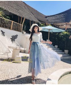 スカート | フレア チュールレディース ロングウエストゴム 春夏 リボン マキシ ドッキング 20代30代40代 着痩せ カジュアル お出かけ