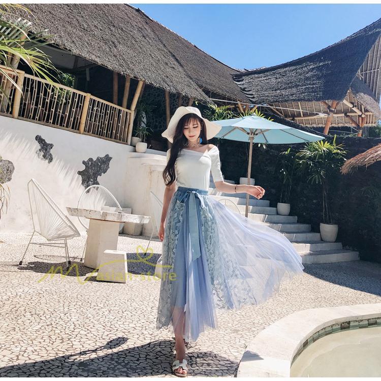 スカート | フレア チュールレディース ロングウエストゴム 春夏 リボン マキシ ドッキング 20代30代40代 着痩せ カジュアル お出かけ