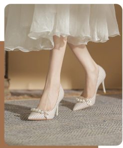 パンプス | ポインテッドトゥ ピンヒール スリップオン レディース ハイヒール グレンチェック ツイード 編みニット エレガント 22cm-24.5cm フェイクパール