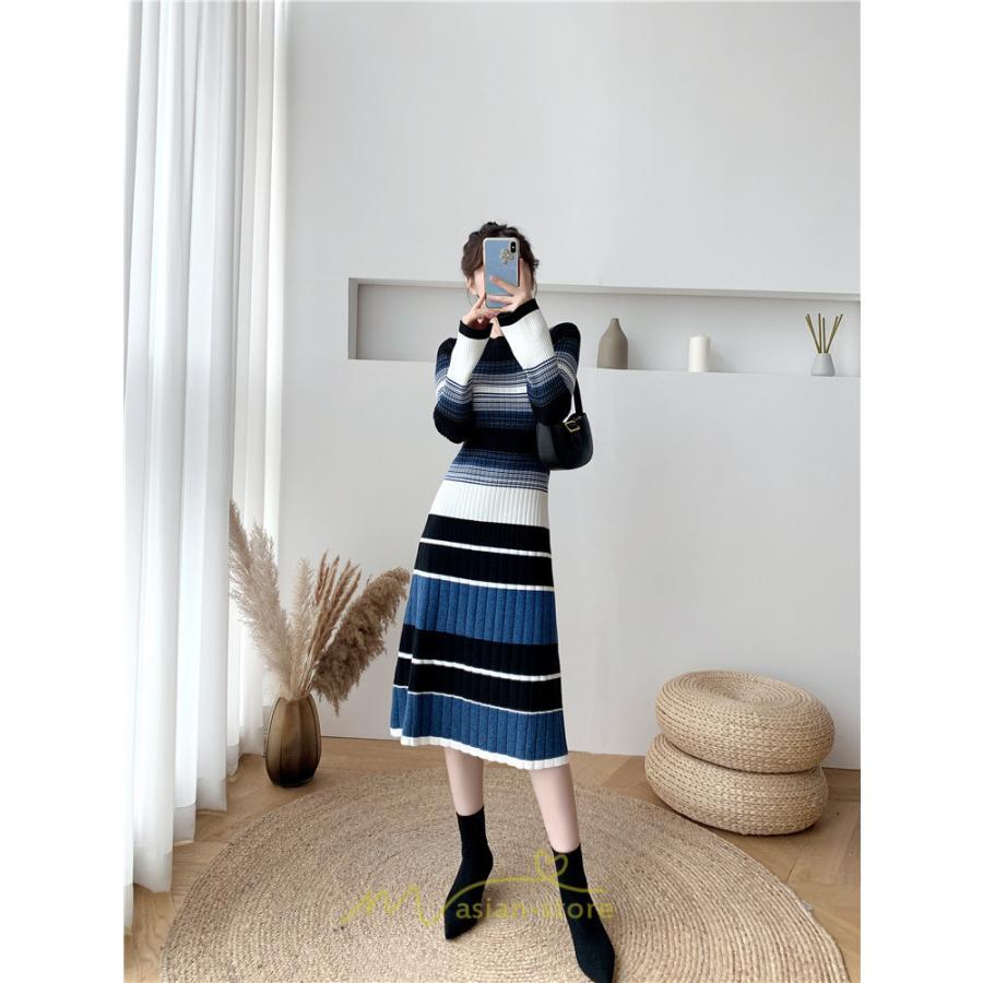 ニットワンピース | ワンピース レディース ニット ワンピース ニット チュニック ロング 長袖 着痩せ 秋冬 送料無料 ボーダー柄 2022新作 韓国風 秋冬コーデ 大人可愛い
