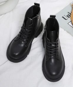 ショートブーツ | ラウンドトゥレディース サイドファスナー レースアップ 厚底シューズ 滑り止めソール チャンキーヒール 太ヒール シューズ ブーツ 厚底 黒