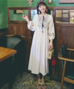 マキシ | ワンピース 長袖 夏 秋 レディース 綿麻 きれいめ ロング リゾート  体型カバー イベント デート デート服 ジャーニー 女子会 旅行 外出 楽ちん エスニック風