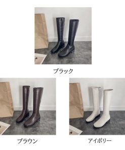 ニーハイブーツ | レディース スクエアトゥ レザー調 春秋冬 ロング丈 美脚 ローヒール 合皮 大人