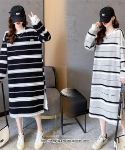 マキシ | ワンピース レディース 秋 秋服 綿コットン ボーダー柄 コットン ワンピース 長袖ボーダー ロングワンピース サイドスリット 20代 40代 30代 50代