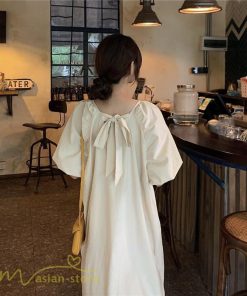 マキシ | ワンピース パフスリーブ 半袖 スクエアネック ゆったり 体型カバー ゆるワンピース フリーサイズ かわいい 無地 シンプル おしゃれ お出かけ レトロ 夏物 上品