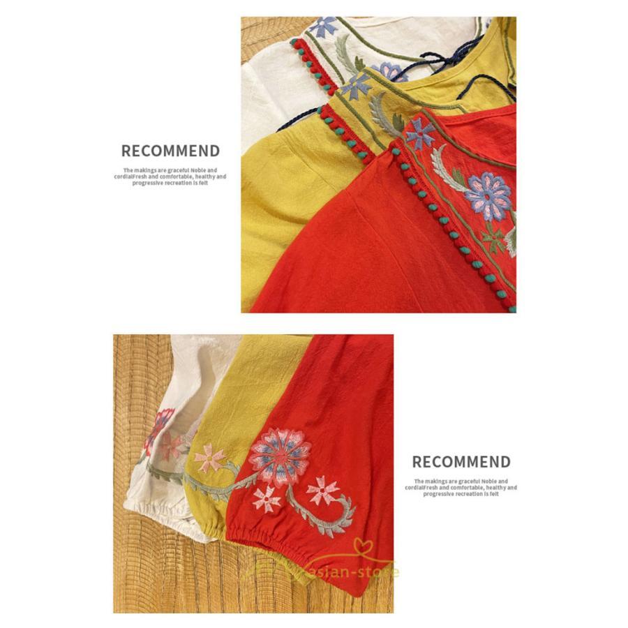 マキシ | ワンピース レディース 刺繍 綿麻 レトロ調 インスタ映え ナチュラル エスニック風 民族風 ボヘミアン 柔らかい SNS映え リゾート 赤 黄色 撮影 白