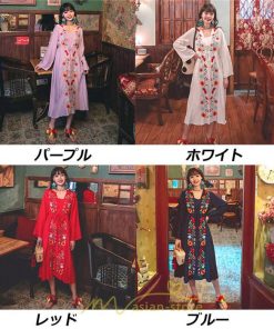 マキシ | エスニック刺繍ワンピース ロングワンピース 夏 秋 長袖 大人可愛い ゆったり リゾート 民族風 刺繍 着痩せ 20代30代40代 大人 Aライン エレガント 体型カバー