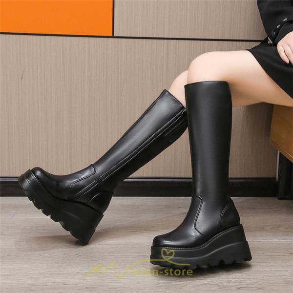 ロングブーツ | レディース ブーツ 厚底 歩きやすい 痛くない 定番 カジュアル 人気ブーツ ファスナー 黒 ブラック シンプル 美脚 おしゃれ 白 オフホワイト