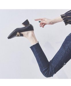 パンプス | スクエアトゥ チャンキーヒール ミドルヒール スリッポン レディース スリップオン シューズ 太ヒール ローファー 黒 22.5cm-25cm ブラック 30代