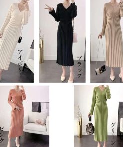 ワンピース | ニット秋冬 レディース ミモレワンピ きれいめ 膝丈下 Vネック フェミニン 長袖リブニット