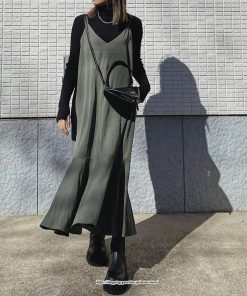 マキシ | ワンピース キャミワンピース レディース 秋 冬 Vネック  マーメイド マキシワンピ ロング デイリー おしゃれ 肩紐調節可 フリル 可愛い