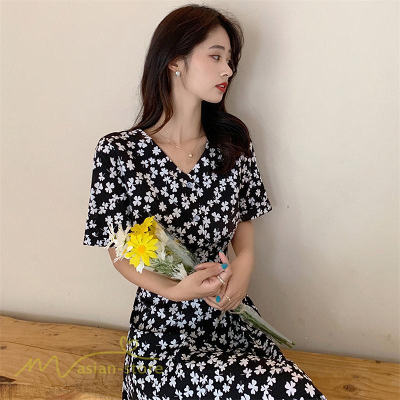 ミディアム | ワンピース レディース 着痩せ 花柄 半袖 大きいサイズ 上品 Aラインワンピース ゆったり Vネック ハイウエスト ミディアム丈 お出かけ 通勤 ひざ丈 通学