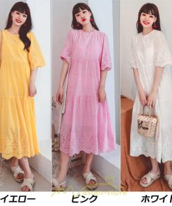 マキシ | ワンピース レース 丸首 刺繍 ロングワンピース レディース 夏秋 結婚式 きれいめ フォーマル 大人 上品 綿麻 白 黄色 コットン ピンク かわいい リネン
