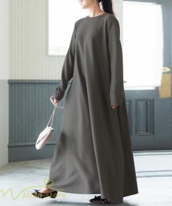 マキシ | ゆるワンピース 無地 マキシワンピース クルーネック カジュアル 長袖ワンピース ゆったり 体型カバー ワンピース フレア 秋コーデ 30代40代50代 大きいサイズ