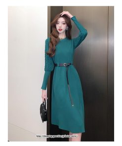 ミディアム | ワンピース 無地 きれいめ 30代 40代 50代 着やせ 上品 大きいサイズ ミモレ丈 長袖 春夏秋冬 丸首 ミモレ丈 ひざ丈 長袖 パフスリーブ