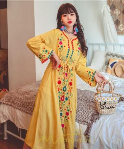 マキシ | ワンピース コットン 長袖ワンピース カジュアル ゆったり ナチュラル シンプル 可愛い 夏 秋 エスニック Vネック 鎖骨 レトロ 黄色 刺繍 白 青 三色展開