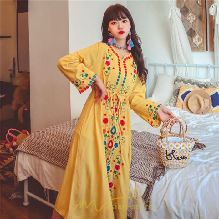 マキシ | ワンピース コットン 長袖ワンピース カジュアル ゆったり ナチュラル シンプル 可愛い 夏 秋 エスニック Vネック 鎖骨 レトロ 黄色 刺繍 白 青 三色展開