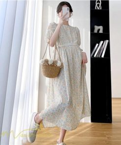 ワンピース | マタニティレディース Aライン 妊婦服 体型カバー 着痩せ マタニティウェア 小花柄 柔らか きれいめ お出かけ マタニティ 夏服 ひざ下丈