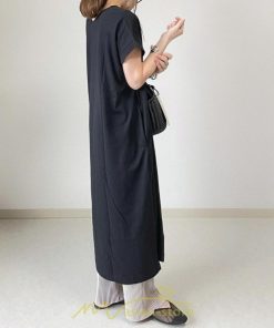 マキシ | 夏ワンピース 半袖ワンピース ロングワンピース 半袖 夏服 レディース 無地 サイドスリット Vネック 大きい ゆったり 白 黒 50代 30代40代 ポケット 可愛い