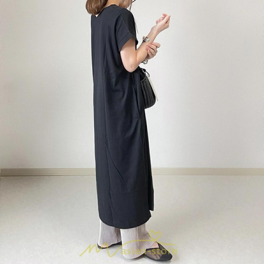 マキシ | 夏ワンピース 半袖ワンピース ロングワンピース 半袖 夏服 レディース 無地 サイドスリット Vネック 大きい ゆったり 白 黒 50代 30代40代 ポケット 可愛い