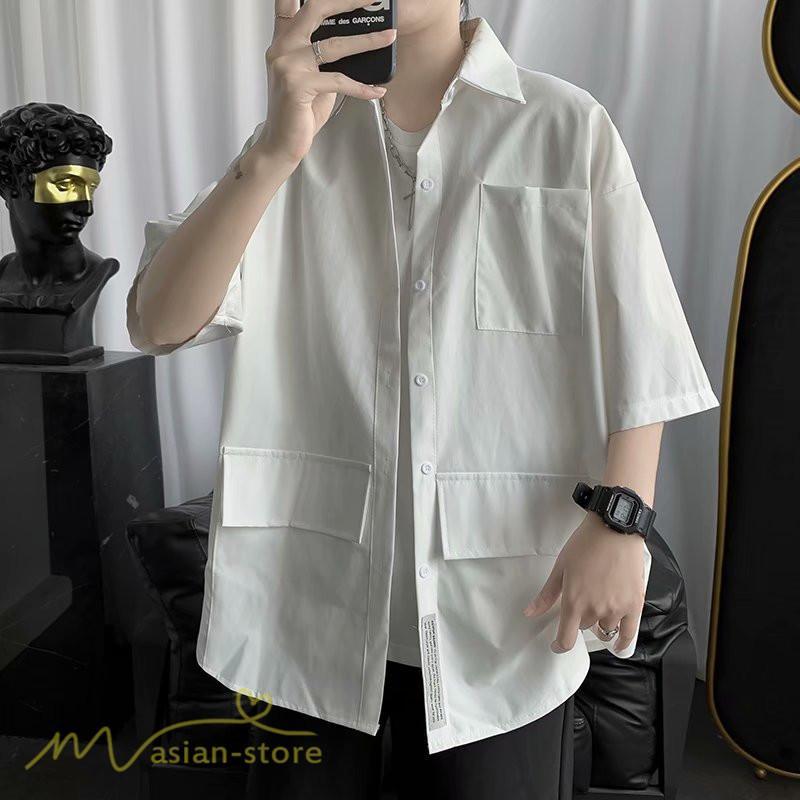 シャツ | メンズ 半袖 トップス ワイドTゆったり 無地 ライトアウター 着回し 夏新作 コーデ 白黒細身 通勤通学 XXL 日常感 大きいサイズ