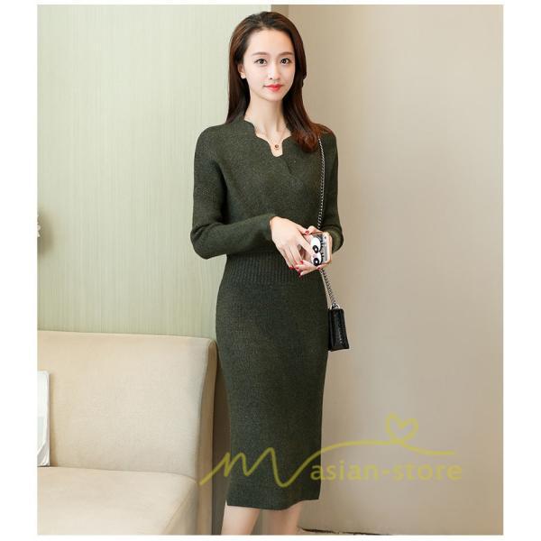 在庫ある | 短納期ニットワンピース 膝丈ワンピース タイトワンピース 長袖 インナー カットソー Vネック エレガント 着痩せ シルエット ビジネスオフィスフォーマル