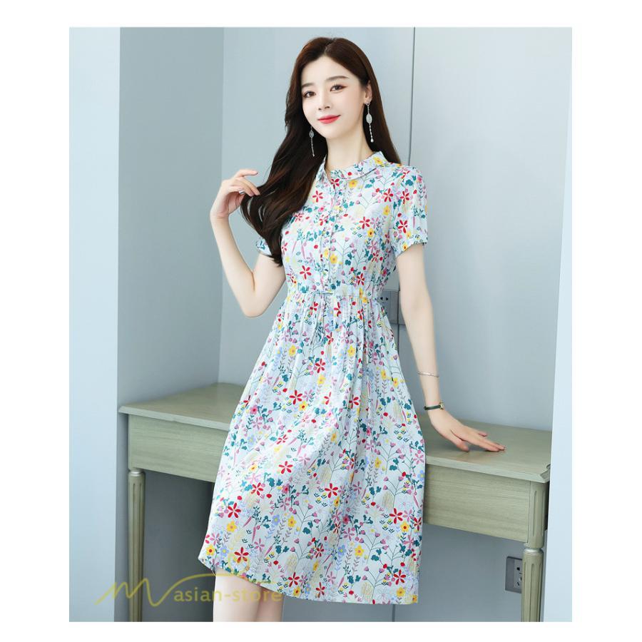 ミディアム | ワンピース レディース 花柄 サマーワンピース 半袖 シャツワンピース 夏 30代 40代 きれいめ プリント おしゃれ 膝丈 ミディアムワンピース 大きいサイズ