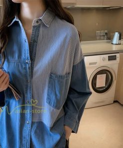 シャツ・ブラウス | シャツ レディース デニムシャツ シャツブラウス 秋コーデ 長袖 デニム 切り替え きれいめ ストライプ カジュアル 上品 2XL 秋 大きいサイズ 春 ライトアウター