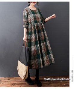 マキシ | チェック柄ワンピースリネン風 長袖ワンピース 30代レディース秋物長袖 綿麻風 ゆったり ゆるシルエット 大人 可愛い 通学通勤 リネンワンピ チェック柄 50代