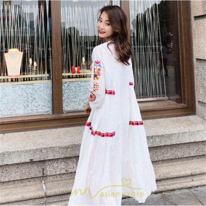 マキシ | ワンピ ワンピース ロング丈 七分袖 レディース 大人 おしゃれ きれいめ お出かけ 大人可愛い 白 青 赤 春夏秋 旅行 20代30代40代 民族風 オレンジ 海