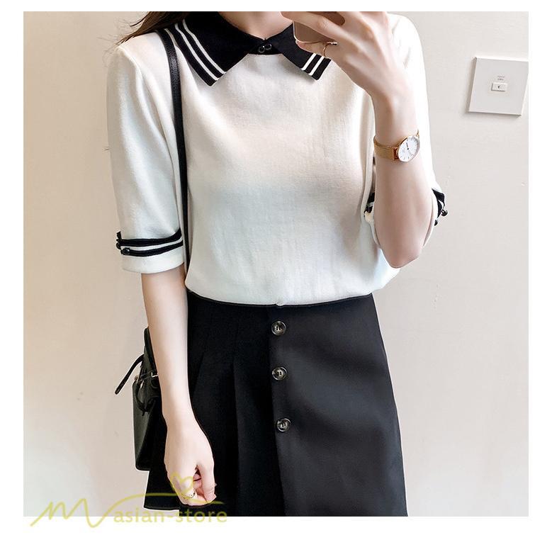 tシャツ・カットソー | レディース トップス Tシャツ 着痩せ ニット きれいめ 女性着 ポロ 着回し 学院風 5分袖 可愛い 配色切替 上品 サマー風 20代 アウトドア 夏コーデ 新作 人気