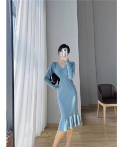 ニットワンピース | ニット ワンピース ロング Vネック ニットワンピ 長袖 ブラック 2022秋冬 ブルー マーメイド フリル セクシー 通勤 おしゃれ キレイめ ミモレ丈 上品