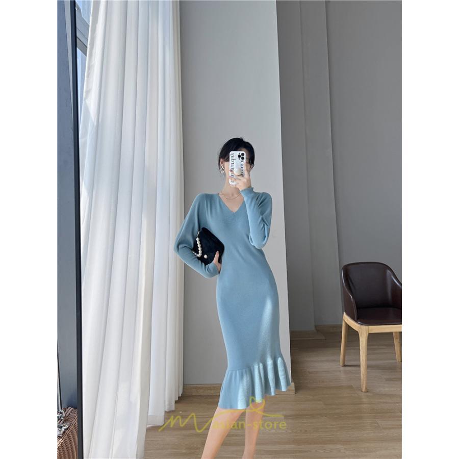 ニットワンピース | ニット ワンピース ロング Vネック ニットワンピ 長袖 ブラック 2022秋冬 ブルー マーメイド フリル セクシー 通勤 おしゃれ キレイめ ミモレ丈 上品