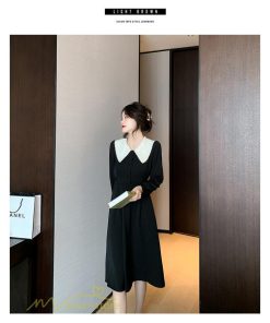 ミディアム | Aラインワンピース 秋コーデ レディース 長袖 膝丈ワンピース 腰リボン付き 美ライン シルエット 無地 フォーマル お呼ばれ 大人 オフィス 黒ワンピース