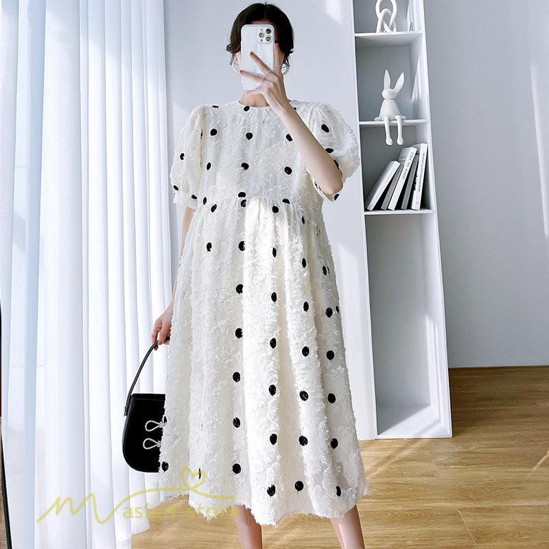 ワンピース | マタニティウェア レディース 半袖 ドット柄 着痩せ マタニティクルーネック 大きいサイズ 産前 マタニティ お出かけ 妊婦着 ゆったり