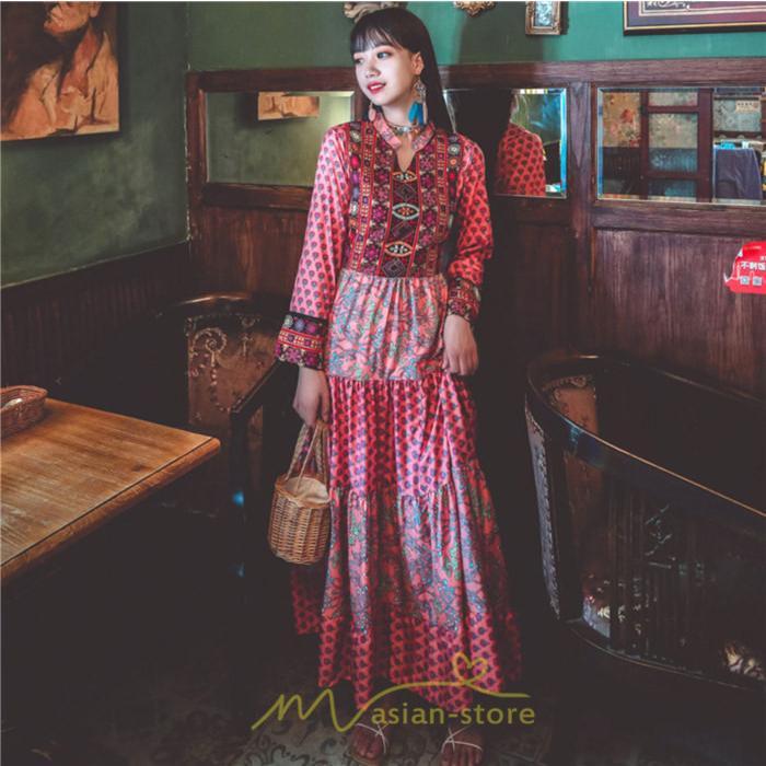 マキシ | ワンピース ロング 着やせ効果抜群 夏秋 長袖 他と被らない 刺繍 上品 きれいめ ロングワンピース マキシワンピ 舞台 演出 パーティー ダンス