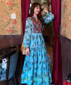 マキシ | ワンピース 七分袖 レディース 夏服  秋服 ロングワンピース マキシ丈 Vネック 民族風 エスニック風 体型カバー カジュアル お洒落 レトロ ハイウエスト