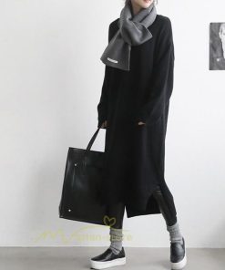 在庫ある | 短納期ロングニットワンピース ロングワンピ カットソー 長袖 トップス Vネック ゆったりセーターニット 体型カバー 通学通勤 OL ストレートニットワンピ