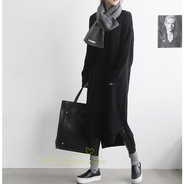 在庫ある | 短納期ロングニットワンピース ロングワンピ カットソー 長袖 トップス Vネック ゆったりセーターニット 体型カバー 通学通勤 OL ストレートニットワンピ