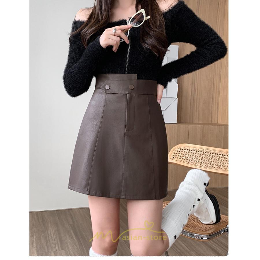 スカート | ミニレディース Aライン タイト フェイクレザー 脚長効果 シンプル ショート丈 カジュアル 着回し オシャレ 通勤 新作 お出かけ