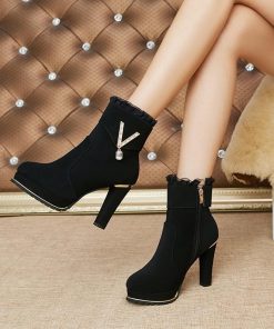 ショートブーツ | スエードブーツ レディース 切替 レース ラウンドトゥ 厚底シューズ チャンキーヒール 太ヒール 厚底 ミドルヒール サイドファスナー 黒