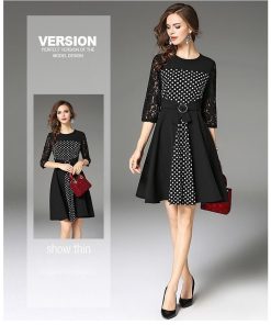 レースワンピース | 7分袖 ひざ丈ワンピ フレアワンピース レディース 大きいサイズ 膝丈ワンピース レース 二次会 通勤 水玉 切り替え パーティー