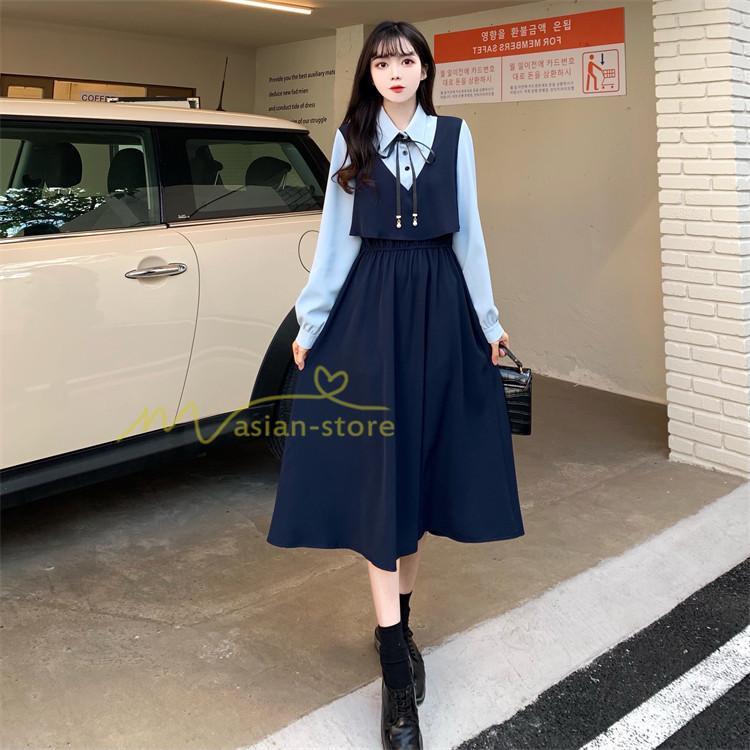 マキシ | ロングワンピース 秋物 レディース ミモレ丈 Aラインワンピース 切り替え フェイク レイヤード風 お呼ばれワンピース 30代40代 着やせ シャツカラー 重ね着風